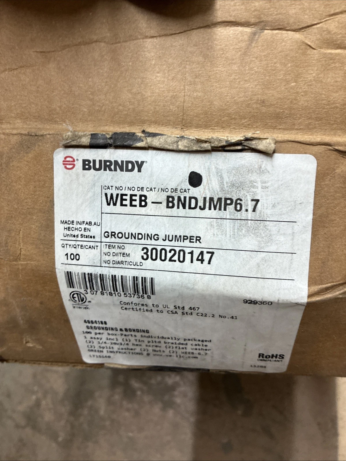 Burndy WEEB Grounding Jumper WEEB-BNDJMP6.7 30020147 (10-PACK) *NEW* - Image 4