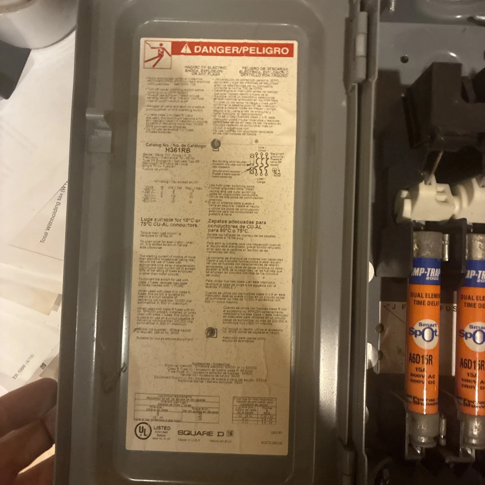 Square D 30 Amp 600V Heavy Duty Safety Switch H361N With Hardware - Image 6