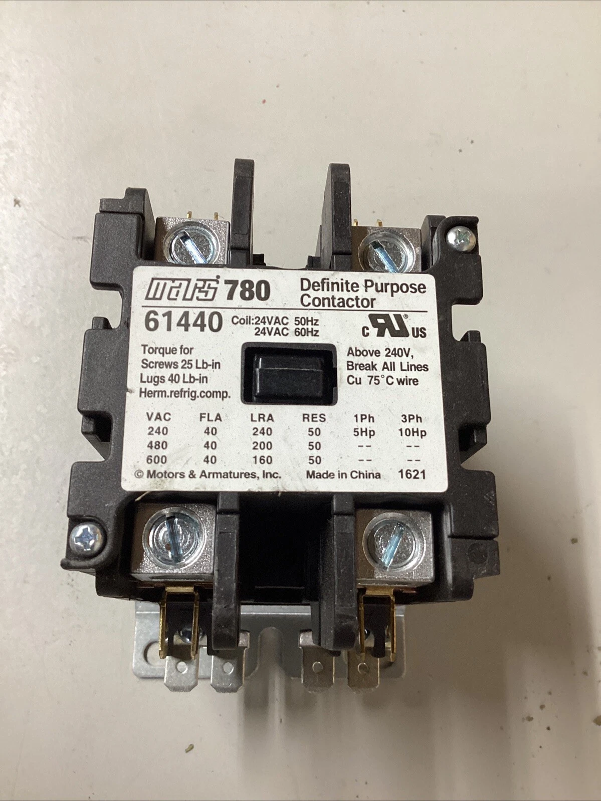 Mars 780 61440 2 Pole 40 Amp Definite Purpose Contactor with Lugs, 24V Coil - Image 5